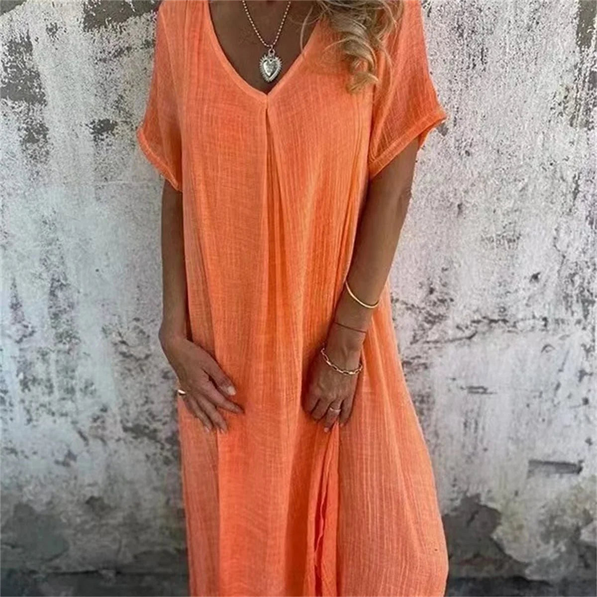 2024 Summer Ladies Cotton Linen Dress Elegant Vintage Loose V Neck Solid Color Beach Street Dresses Short Sleeve Casual Vestidos