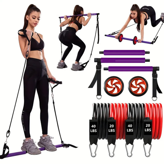 Fitness Pilates Bar Kit Resistance Bands with Ab Roller for Abs Workout Core Strength Training Equipment Portable Home Gym